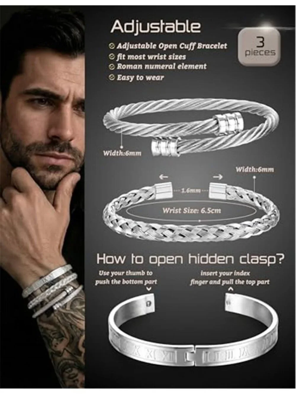 3Pcs Stainless Steel Bracelets for Men Roman Numeral Bangle Bracelet